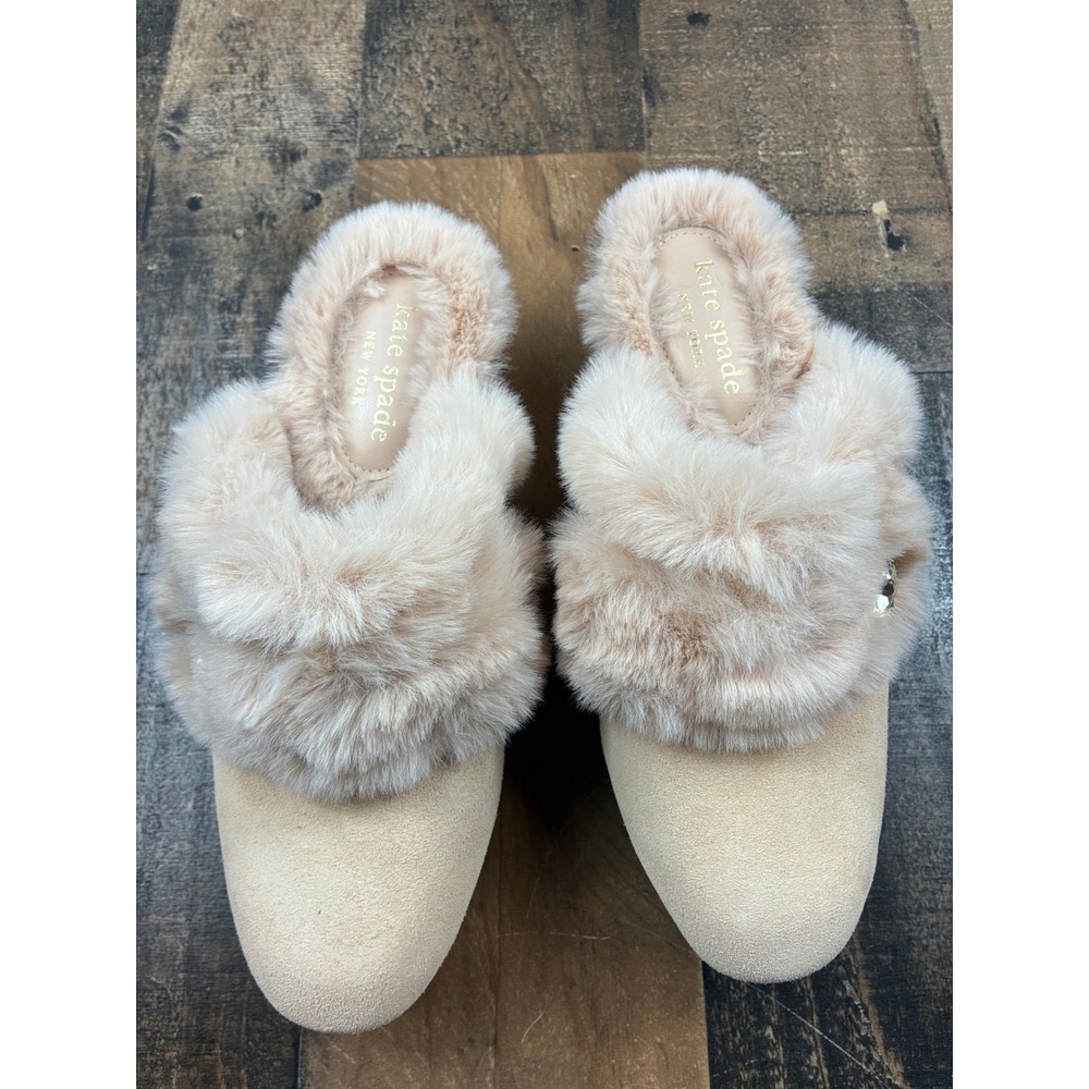 Kate Spade Faux Fur Suede Platform Mules Womens Beige Crystal Embellished Shoes - Picture 3 of 9